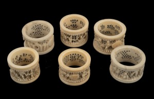 Six assorted Chinese carved ivory napkin rings, 19th/20th century, ​​​​​​​the largest 4cm diameter.