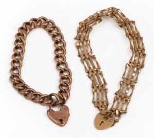 Two antique 9ct gold bracelets with heart locks, 19th/20th century, 10 grams total.