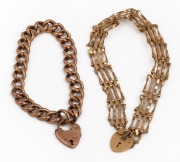 Two antique 9ct gold bracelets with heart locks, 19th/20th century, ​​​​​​​10 grams total.