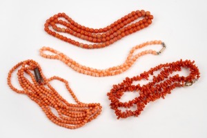 Four assorted antique and vintage coral bead necklaces including 9ct gold and sterling silver clasps, 19th/20th century, the largest 64cm long.