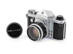 ASAHI KOGAKU: Pentax K SLR [#180012], c. 1958, Auto-Takumar 55mm f2 lens [#292446], Walz Skylight lens filter, Pentax lens cap.
