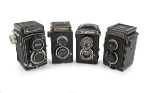 TLR CAMERAS: 1930s-50s group comprising Ricoh Diacord G (Rikenon 80mm f3.5/Citizen-MXV, twin lens cap), Rollei Rolleicord I (Triotar 75mm f3.8/Compur, twin lens cap), Bakelite-type Voigtl&auml;nder Brillant (Voigtar 75mm f4.5/Compur), and Welta Reflekta II (Me