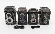 TLR CAMERAS: 1930s-50s group comprising Ricoh Diacord G (Rikenon 80mm f3.5/Citizen-MXV, twin lens cap), Rollei Rolleicord I (Triotar 75mm f3.8/Compur, twin lens cap), Bakelite-type Voigtl&auml;nder Brillant (Voigtar 75mm f4.5/Compur), and Welta Reflekta II (Me - 2