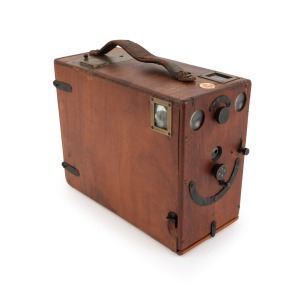 "The Khaki" detective-type box camera, c. 1890s; unusual bare timber finish.