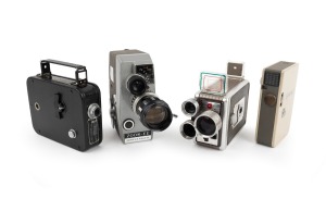 8MM MOVIE CAMERAS: Mid-20th century group comprising Kobayashi Seiki Seisakujo Zoom EE, Kodak Brownie Movie Camera, Kodak Cine-Kodak Eight Model 20, and Ricoh Ricohmite 88E. (4 items)