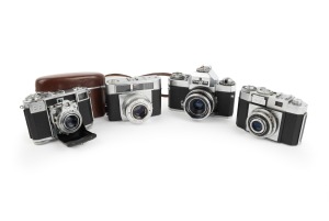 ZEISS IKON: Group comprising c. 1950 Contessa 533/24 (Tessar 45mm f2.8/Synchro Compur; with matching leather case), c. 1956 Contina 527/24 (Novicar-Anastigmat 45mm f2.8/Prontor-SVS), c. 1965 Contessa SLK (Tessar 50mm f2.8/Prontor SLK Spezial), and c. 1966
