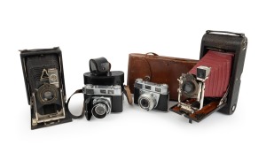 KODAK: Group comprising c. 1903 No. 3A Folding Pocket Kodak (Bausch & Lomb Rapid Rectilinear/red bellows; with leather case), c. 1913 Premo Folding No. 8 (Bausch & Lomb Rapid Rectilinear/Kodak Ball Bearing Shutter), c. 1958 Retina IB 019 II (Xenar 50mm f2