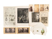 Collection remainder comprising a group of five copperplate or steel engravings depicting magic lanterns and their use in family settings (the largest 27 x 20cm), together with four cartes-de-visite (one by James R. Dobson, Adelaide), two stereo cards, an