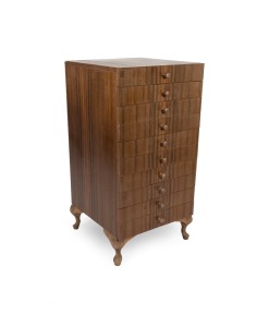 A vintage ten-drawer side cabinet veneered in macassar ebony, ideal for coin or medal storage, 20th century, 90cm high, 46cm wide, 48cm deep.