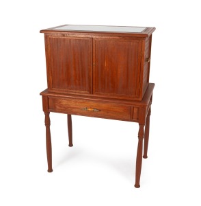 A vintage custom made coin collector's cabinet on stand fitted with a bank of eight drawers and glazed display top. 20th century, 108cm high, 75cm wide, 47cm deep.