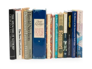 A diverse shelf of books, several of which with dedications to members of the South Australian Downer political dynasty; titles include "Desmond Young - Rommel", "Harold Nicolson - Diaries and Letters 1930-39", and "The Spencers of Althorp". (13 items)