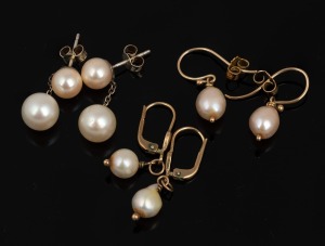 Three pairs of pearl earrings, set in 9ct gold, 8ct gold and sterling silver, 20th century.