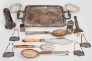 Assorted silver and silver plated wares including an attractive filigree silver and bone letter opener in the form of a kris, silver plated decanter labels, salad servers, sugar caster, etc, 19th/20th century, (qty).