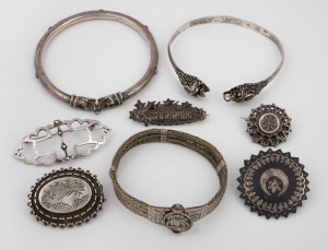 Antique and vintage sterling silver brooches and bangles, plus an Eastern Bidri ware brooch with silver inlay, 19th/20th century, (8 items).