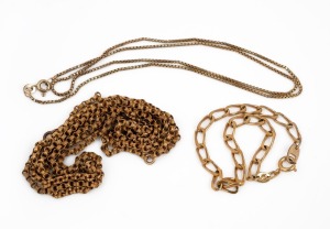 A vintage 8ct gold necklace, together with a gold plated muff chain and a gold plated bracelet, 20th century (3 items), the gold chain stamped "333", 45cm long, 3.4 grams. 