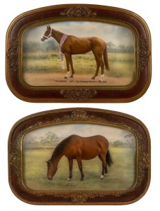 "TRUNNION" and "ARISIKA" pair of vintage equine hand-coloured prints, attractively housed in period frames with convex glass, mid 20th century, 42.5 x 62cm each overall.