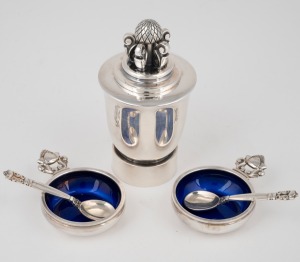 GEORG JENSEN "Acorn pattern" handsome Danish silver pepper mill; together with a pair of silver salts and spoons with blue enamel lining, (3 items), 230 grams total including pepper mill mechanism.