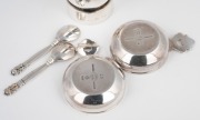 GEORG JENSEN "Acorn pattern" handsome Danish silver pepper mill; together with a pair of silver salts and spoons with blue enamel lining, (3 items), ​​​​​​​230 grams total including pepper mill mechanism. - 2