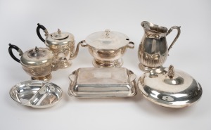 Antique and vintage silver plated table ware, comprising of a water jug, coffee pot, teapot, soup tureen with lid, two part serving dish, lidded warming dish, footed table bowl with golf club presentation and one spare tureen lid, (8 items).