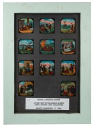 RELIGIOUS THEMES: A collection of 53 hand-illustrated glass slides for magic lantern; arranged across five different frames with glass backing, the largest 58 x 42cm overall.