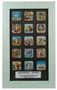 RELIGIOUS THEMES: A collection of 66 hand-illustrated glass slides for magic lantern, arranged across four different frames with glass backing, the largest 72 x 51cm overall.