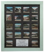 ENGLAND & NORWAY: A collection of 68 photographic glass slides for magic lantern (the majority hand-tinted), arranged across five different frames with glass backing, the largest 60 x 50cm overall.