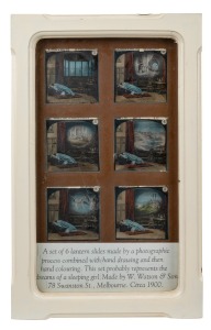 Five framed displays incorporating 20 glass slides for magic lantern, all with glass backing; mostly religious content; the largest 45 x 32cm overall.