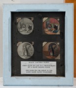 Five framed displays incorporating 20 glass slides for magic lantern, all with glass backing; mostly religious content; the largest 45 x 32cm overall. - 5