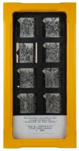 Three framed displays incorporating 19 photographic glass slides (some hand-tinted) for magic lantern, all with glass backing; religious and English countryside content; the largest 63.5 x 24.5cm overall.