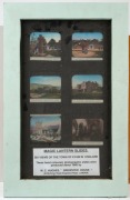 Three framed displays incorporating 19 photographic glass slides (some hand-tinted) for magic lantern, all with glass backing; religious and English countryside content; the largest 63.5 x 24.5cm overall. - 2