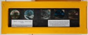 Three framed displays incorporating 19 photographic glass slides (some hand-tinted) for magic lantern, all with glass backing; religious and English countryside content; the largest 63.5 x 24.5cm overall. - 3