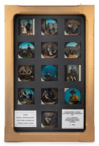 A collection of 45 hand-illustrated glass slides for magic lantern, many "Welcome" and "Good Night" types (among others), arranged across four different frames (all with glass backing), the largest 61 x 42.5cm overall.