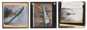 DOWNING OF ZEPPELIN LZ37: Group of 83 x 83mm glass slides for magic lantern, comprising a depiction of LZ37's demise (the first ever airship to be downed in mid-air combat), together with two views of RAAF planes. (3 items)