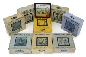 Group of eight complete "Primus Junior Lecturers' Series" 83 x 83mm glass slide sets for magic lantern, comprising "Red Riding Hood", "Never Ride a Strange Horse", "Willie's Revenge", "The Queen of Hearts", "Mr & Mrs Brown & The Mouse", "Sing a Song of Si
