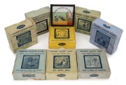 Group of eight complete "Primus Junior Lecturers' Series" 83 x 83mm glass slide sets for magic lantern, comprising "Red Riding Hood", "Never Ride a Strange Horse", "Willie's Revenge", "The Queen of Hearts", "Mr & Mrs Brown & The Mouse", "Sing a Song of Si