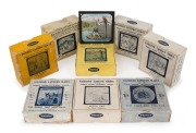 Group of eight complete "Primus Junior Lecturers' Series" 83 x 83mm glass slide sets for magic lantern, comprising "Peter Pan" (three different chapters), "Robinson Crusoe", "The House that Jack Built", "The Tiger and the Tub", "Puss in Boots", and "Sinba