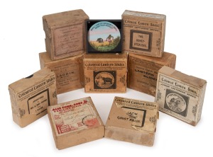 Group of 83 x 83mm glass slide sets for magic lantern, all but one complete, comprising "Mischievous Tommy" (12), "Pilot's Story" (12), "Aladdin" (11), "P+O Pencillings Jubilee Class Liner" (8), "Sweep and Whitewasher" (8), "The Honey Stealers" (8), "Mr &