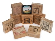Group of 83 x 83mm glass slide sets for magic lantern, all but one complete, comprising "Mischievous Tommy" (12), "Pilot's Story" (12), "Aladdin" (11), "P+O Pencillings Jubilee Class Liner" (8), "Sweep and Whitewasher" (8), "The Honey Stealers" (8), "Mr &