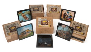INDCOL COLOURED OPTICAL LANTERN SLIDES: Group of sets of glass slides for magic lantern, each set comprising twelve 83 x 83mm slides, the titles being "Airships & Aeroplanes", "Life in Africa", "The Emigrant's Voyage", "Jack's Treasure", and "Goldilocks a