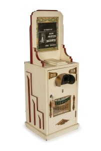 PENNY ARCADE: "The Auto Stereoscope" early-20th century coin-operated hardwood tabletop stereoscope, "Her Private Life - Now Showing - Incognito - One Penny"; rack of eighteen erotic stereo cards present, operates manually with One Penny coin; height appr