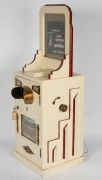 PENNY ARCADE: "The Auto Stereoscope" early-20th century coin-operated hardwood tabletop stereoscope, "Her Private Life - Now Showing - Incognito - One Penny"; rack of eighteen erotic stereo cards present, operates manually with One Penny coin; height appr - 3