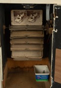 PENNY ARCADE: "The Auto Stereoscope" early-20th century coin-operated hardwood tabletop stereoscope, "Her Private Life - Now Showing - Incognito - One Penny"; rack of eighteen erotic stereo cards present, operates manually with One Penny coin; height appr - 5
