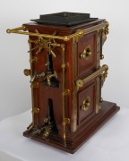 BIUNIAL MAGIC LANTERN: Large c. 1880s mahogany and brass example with impressive quadruple-extension lens barrels, tin chimney element, limelight burner apparatus, four side-opening doors with red or blue peepholes, together with two condenser lenses and - 4