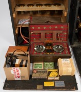 BIUNIAL MAGIC LANTERN: Large c. 1880s mahogany and brass example with impressive quadruple-extension lens barrels, tin chimney element, limelight burner apparatus, four side-opening doors with red or blue peepholes, together with two condenser lenses and - 9