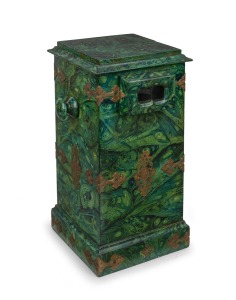Late-19th century tabletop dual stereoscope, simulated malachite marbling, hand-operated slide magazine; dimensions approx. 53 x 27 x 27.5cm.