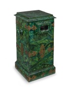 Late-19th century tabletop dual stereoscope, simulated malachite marbling, hand-operated slide magazine; dimensions approx. 53 x 27 x 27.5cm.