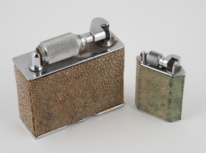 McMURDO vintage English table cigar lighter with shagreen finish; together with a McMURDO vintage English cigarette with shagreen finish, (2 items), the larger 7.5cm high, 7.5cm wide.