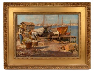 FREDERICK WILLIAM JACKSON (1859-1918), Packing Onions For Venetian Market, oil on canvas, signed lower right "Fred W. Jackson", 39 x 58cm, 62 x 80cm overall.
