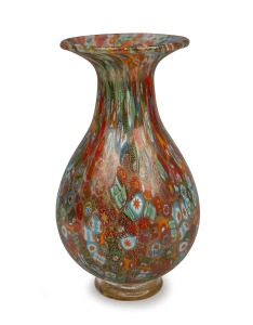 A Murano glass vase with candy cane murrines and gold foil inclusions, bearing original label and paperwork "DOGI'S MURANO ART", with original purchase documentation, 25cm high.