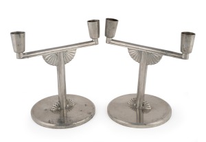 SVENSKT TENN pair of vintage two branch pewter candelabras, mid 20th century, factory mark to base, 18cm high, 18cm wide each.